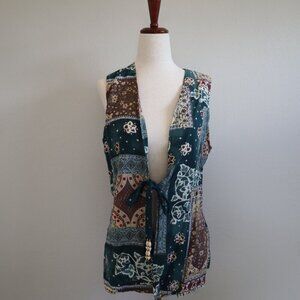 Taurus II Teal Patterned Tie Front Sleeveless Blouse Size 8
